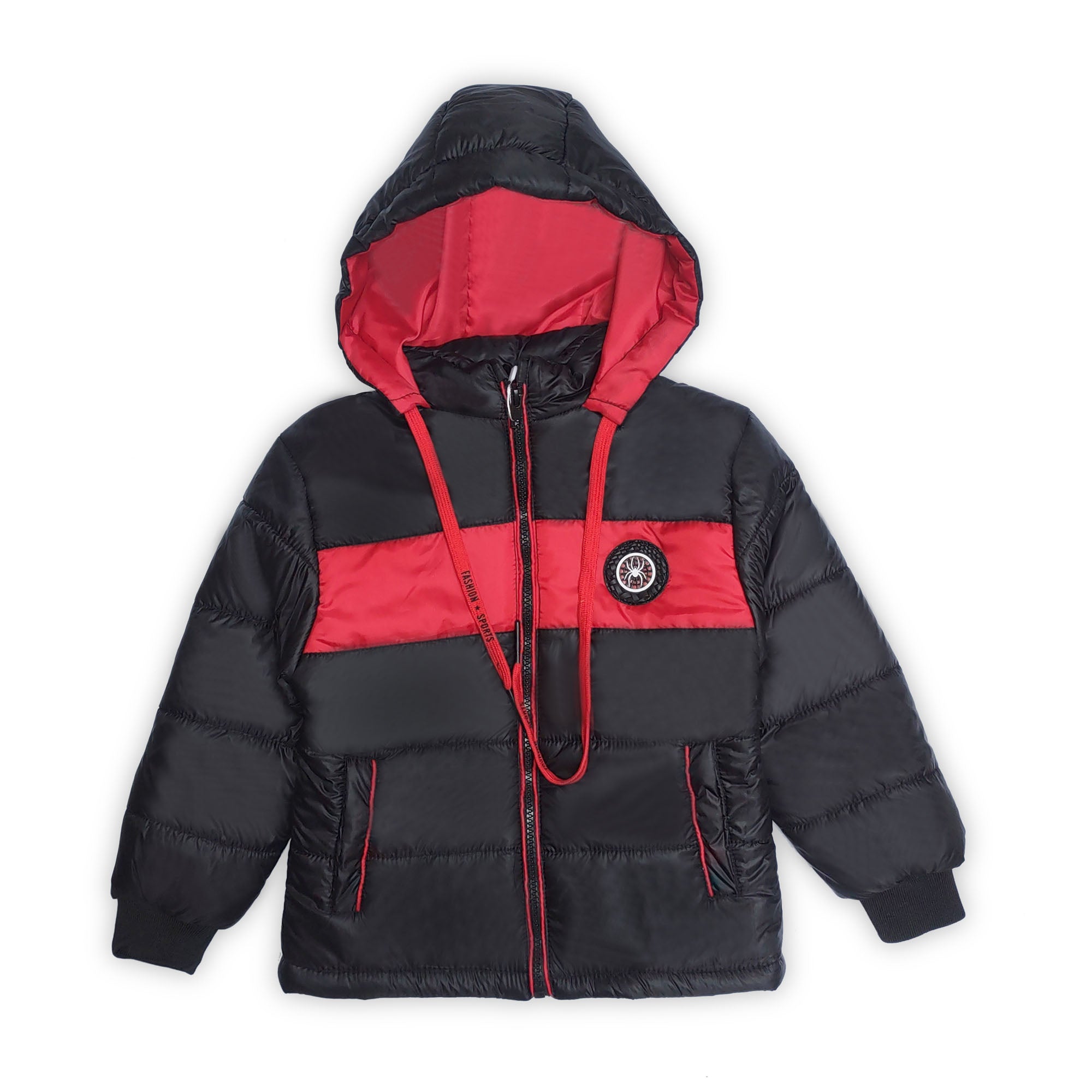 RED PANNELED BLACK PUFFER JACKET